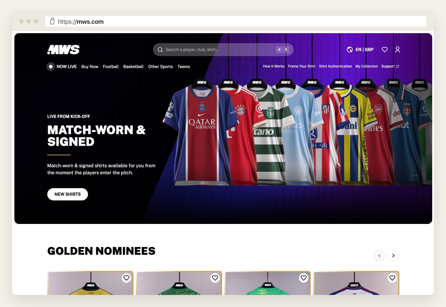 The MWS.com homepage showing the Match Worn Shirts platform, with the MWS logo and a rail of match-worn football shirts under the heading Match-Worn & Signed.